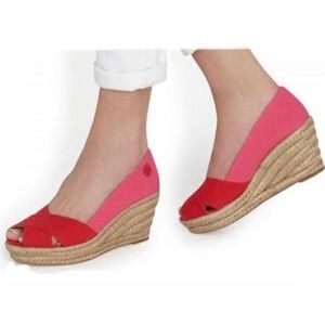 Tory Burch 8.5 Pink/Red Summertime Open-Toe Wedge Espadrille